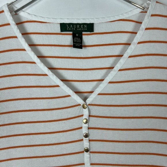 Lauren Ralph Lauren Womens White Orange Stripe Short Sleeve V-Neck Shirt Medium - Picture 2 of 10